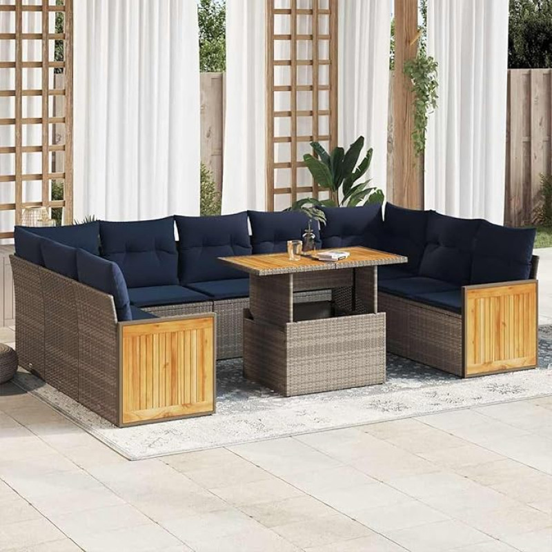 Rantry 10-TLG. Garten-Sofagarnitur mit Kissen Grau Poly Rattan Akazie Gartenlounge Model3327757
