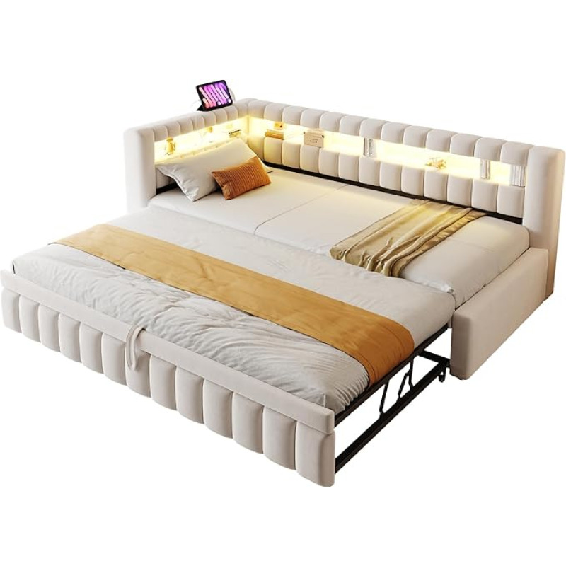 90 x 200 cm välja tõmmatav diivanvoodi LED-ga, laadimisport, ruumi säästev sametist voodiraam elutuppa, külalistuppa või väikestesse korteritesse (beež)