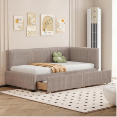 Generisch TOBIDOEN polsterdatud diivanvoodi 90 x 200 cm 2 suure hoiukastiga, L-kujuline diivan magamisfunktsiooniga, päevavoodi puidust lamelliraamiga, sametkangas, A (Hall)