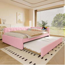 ANIROY diivanvoodi 140 x 200 cm koos trundle voodiga, päevavoodi LED ja USB-ga, voodi lamelliraamiga, voodikatteta, ilma madratsita, roosa