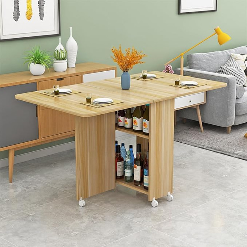 Kokkupandav söögilaud hoiuruumiga ja 6 rattaga väikesesse kööki, pikendatav ja kokkupandav, köögisaar, söögilaud Teardrop Leaf, puit, 120 x 60 cm.
