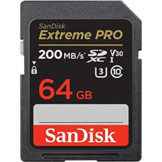 SanDisk Extreme PRO SDXC UHS-I 64 GB memory card (V30, 200 MB/s transfer speed, U3, 4K UHD video, SanDisk QuickFlow technology, temperature-resistant).