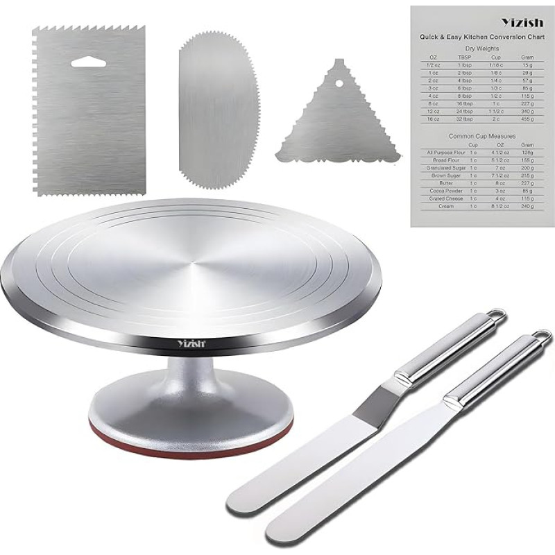 Yizish Rotating Cake Plate, Aluminium Alloy, 31 cm, Rotating Cake Decoration Sets with 2 Ice Spatulas and 3 Dough Scrapers, Stainless Steel for Baking, Pastries and Mother's Day