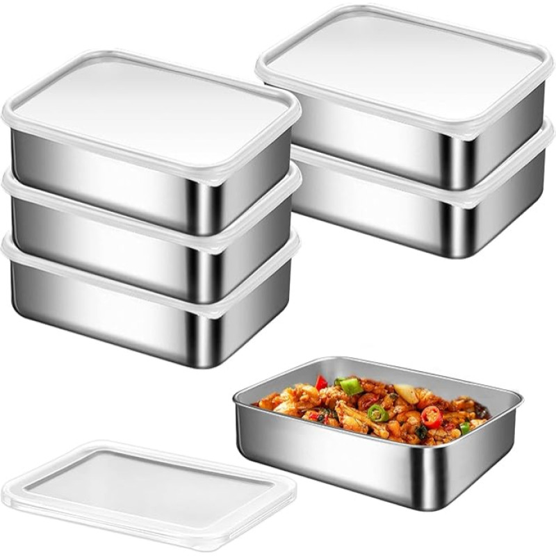 HOMURY toidu säilitamise konteiner, Meal Prep karbid: Pakett 6 roostevabast terasest lõunakasti kaanega, 500 ml, sügavkülmikupakend, toidu säilitamise kast, virnastatav roostevabast terasest kast liha-juustu jaoks.
