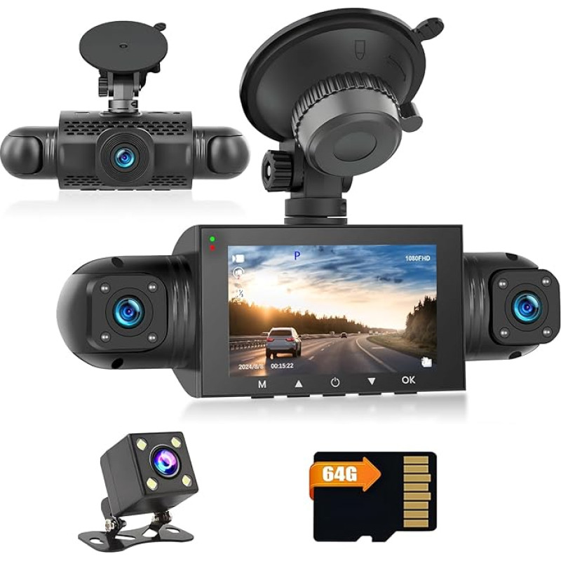 Hikity DVR 1080P Dash Cam Android autoraadio jaoks Veekindel Mini 3-tolline nelja autokaamera autosalvesti Öövaatlus Dash Camera Loop salvestamine G-sensoriga videoregistraator 360 ° lai nurk koos 64G TF-ga