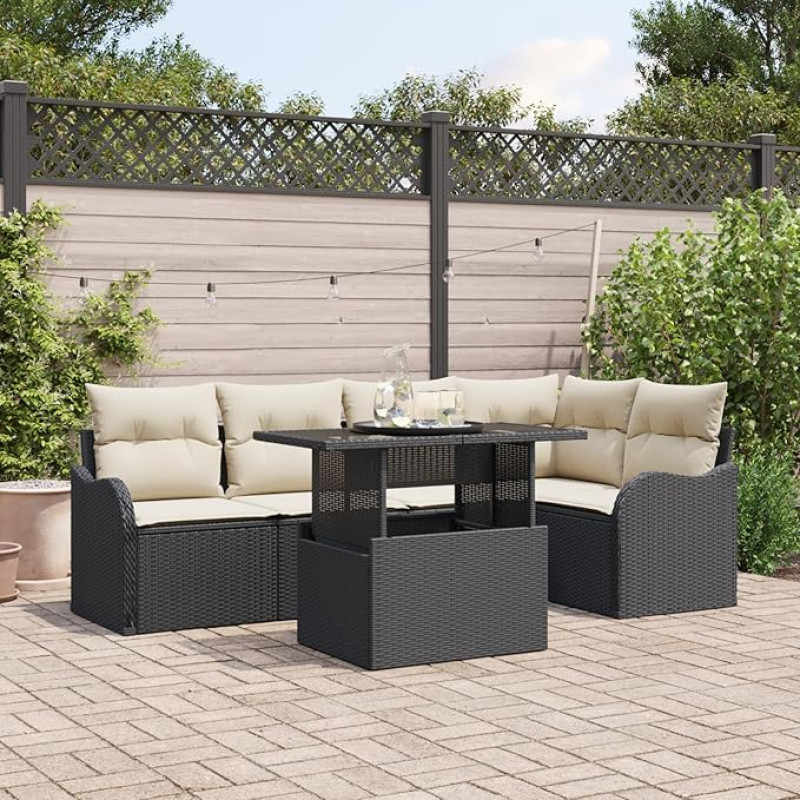 Rantry 6-teiliges Garten Sofa Set mit Kissen Schwarz Poly Rattan Gartenlounge Model3357200