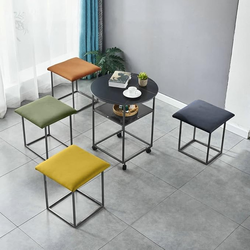 Farbenfrohes Couchtisch-Set mit 4 stapelbaren Ottomanen, schwarzer Rahmen, rollbarer Beistelltisch, vielseitiger Couchstuhl mit Rollen, perfekt für Wohnzimmer und Büro