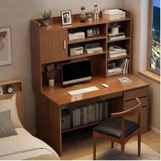 Bürotisch mit Ablageflächen, Computertisch aus Holz, mit Schubladen und Bücherregal, Arbeitsstation für Zuhause und Büro, 99 x 45 x 162 cm, Braun