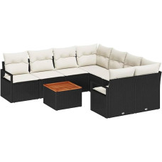 Rantry 9-teiliges Garten Sofa Set mit Kissen Schwarz Poly Rattan Akazie, 2-Sitzer Garten Sofa mit Kissen Schwarz Poly Rattan Gartenlounge Model3347684