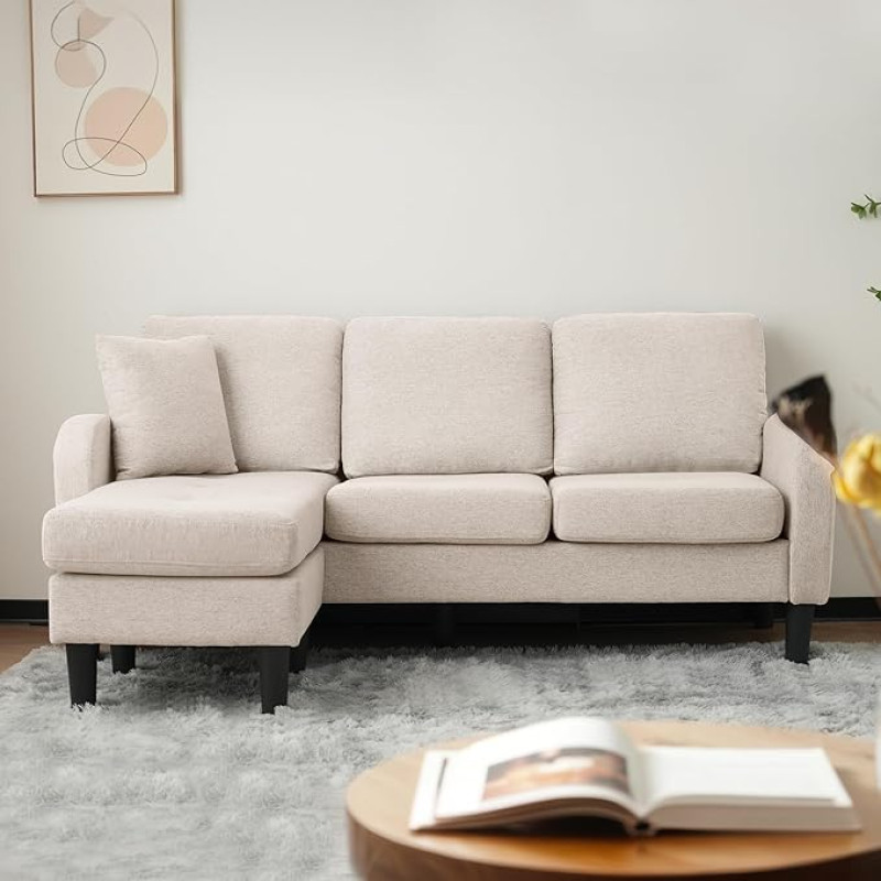 A ALFRESCOOL L-kujuline nurgadiivan koos Chaise Longue'ga - 3-kohaline diivan, 166 x 118 x 77 cm, hingav puuvillasest linasest kangast, modulaarne disain, ideaalne elutuppa, korterisse ja kontorisse (beež)