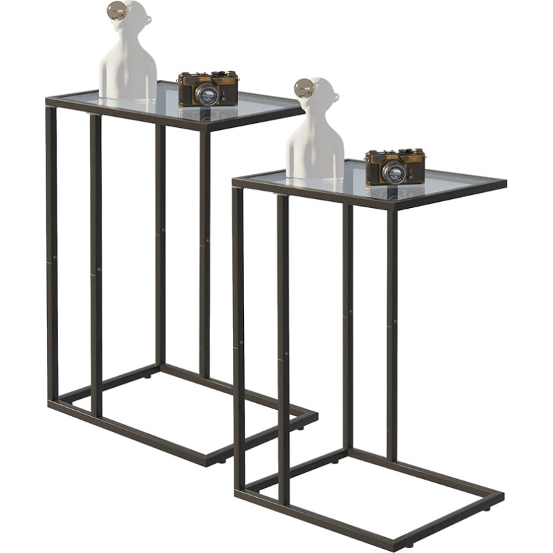 Easy Paws C-kujuline küljelaua komplekt 2, karastatud klaasist suupistelaud metallist raamiga, diivanikohviku küljelaua, kaasaegne stiil, must