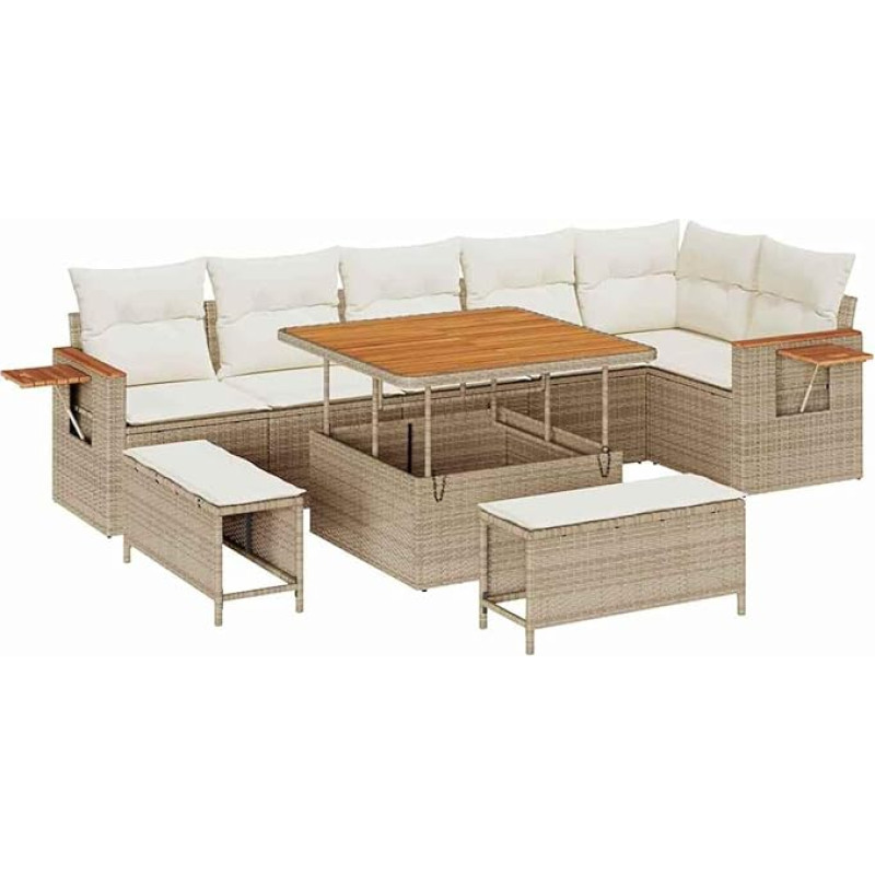 Rantry 9-teiliges Garten Sofa Set mit Kissen Beige Poly-Rattan Akazie Gartenlounge Model3365136