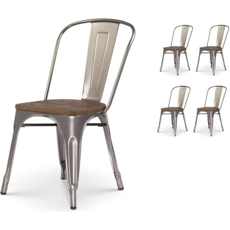 Kosmi - Lot de 4 chaises en métal Brut Avec assise en Bois massive foncé - Aspect galvanisé