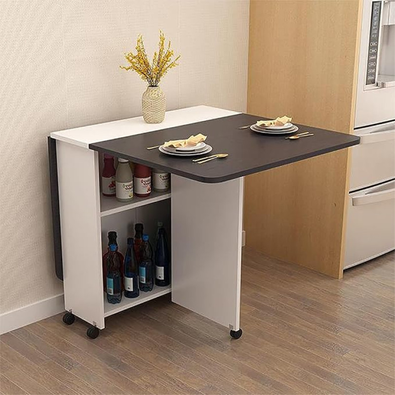 ZEQFEMKL Platzsparender, klappbarer Esstisch mit 6 Rädern, klappbarer Klapptisch, ausziehbarer, vielseitiger Tisch mit 2 offenen Ablageflächen, Klapptisch zum Arbeiten, Studieren und Essen, Farbe Sch