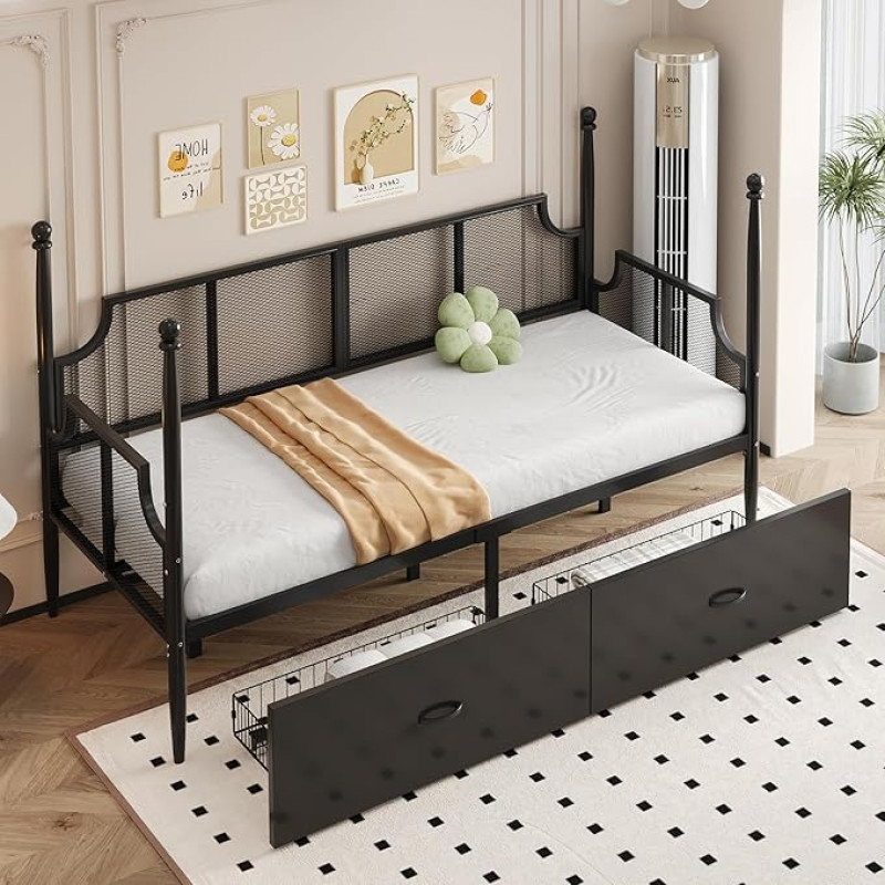 Arhatreya raudvoodi 90 x 200 cm, diivanvoodi võrkseljatoe ja käetugedega, diivanvoodi hoiukappidega, noorte voodi üheinimesevoodi elutuppa, magamistuppa (madrats ei kuulu komplekti), must