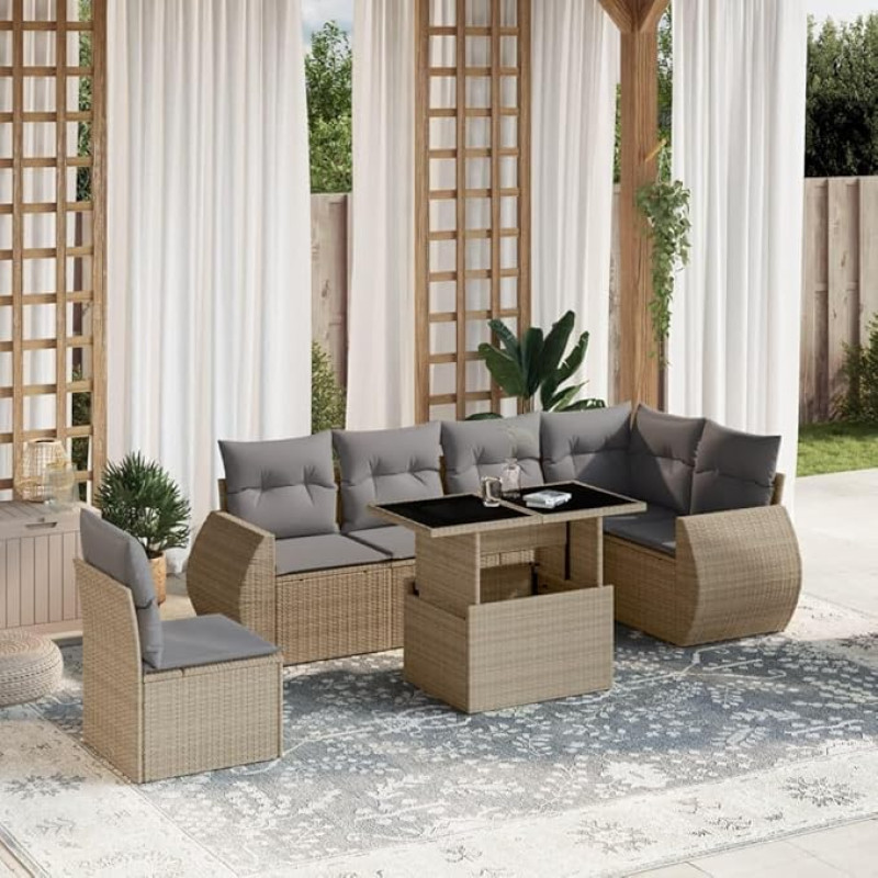 Rantry Gartensofa-Set 7-teilig mit Kissen in Beige aus Polyrattan, Set Schlafsofa, Wohnzimmer, Couch, modernes Sofaset für den Außenbereich, Gartenmöbel Modell 3268569