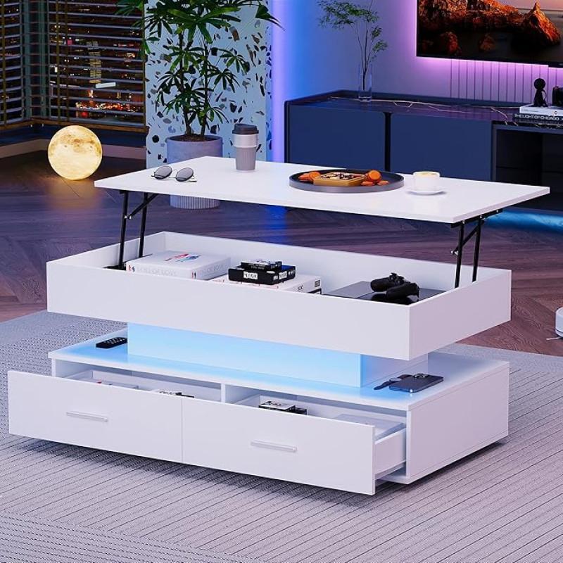 BTM 100 x 50 x 44 cm hüdrauliliselt reguleeritava kõrgusega kohvilaud LED-valgustusega, Bluetooth rakenduse juhtimisega, 2 sahtlit ja avatud hoiuruumiga, valge tõstetav kohvilaud