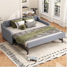 Diivanvoodi välja tõmmatava voodiga, polsterdatud voodi USB-ühendusega, päevavoodi, diivanvoodi, 90 x 2000 cm, lamelliraamiga, noortevoodi ja täiskasvanute voodi, ilma madratsita (hall)