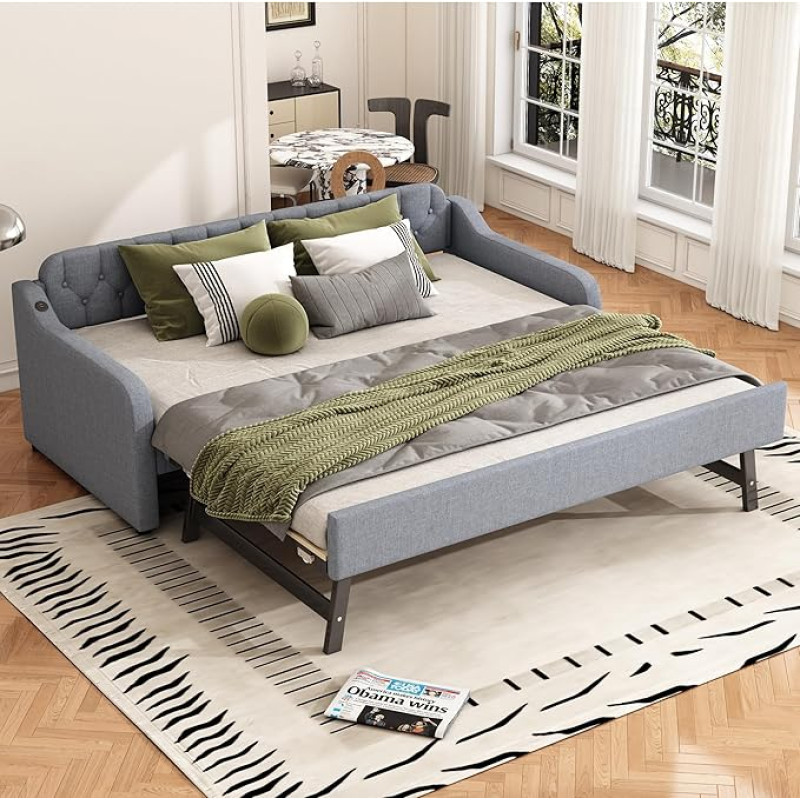 Diivanvoodi välja tõmmatava voodiga, polsterdatud voodi USB-ühendusega, päevavoodi, diivanvoodi, 90 x 2000 cm, lamelliraamiga, noortevoodi ja täiskasvanute voodi, ilma madratsita (hall)