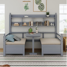 Multifunktsionaalne täispuidust diivanvoodi 200 x 90 cm, 2-in-1 voodi ja töölaud, vabalt teisaldatav, raamaturiiuliga hoiustamiseks, mugava padjaga, külalisvoodi, üheinimesevoodi, hall