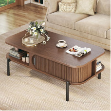 Kohvilaud 100,1 cm Ribbed kohvilaud elutuppa Väike kaasaegne lükanduksega 2-tasandiline rustikaalne puidust laud avatud riiuliga pähkelpuu värvi