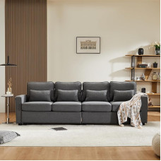 Kaasaegne 4-kohaline diivan Linasest kangast neljakohaline diivan koos käetugede taskute ja 4 padjaga Lihtne stiil sobib elutuppa korterisse kontorisse (tumehall)