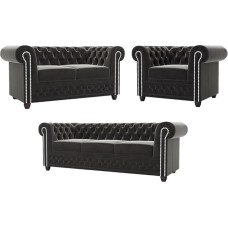 Diivanikomplekt 3-kohaline 2-kohaline Mõlemad magamisfunktsiooniga tugitool Diivan 3 tk Vabalt seisev täispuidust jalad Pruun sametkangas Elegantne tepitud hõbedased metallnööbid York Black