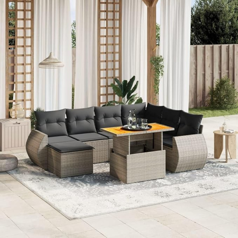 Homgoday Set Schlafsofa, 8-teiliges Gartensofa-Set mit grauen Kissen aus Polyrattan, Set für Schlafsofa, Wohnzimmer, Gartensofa, modernes Sofaset für den Außenbereich, Möbel v1