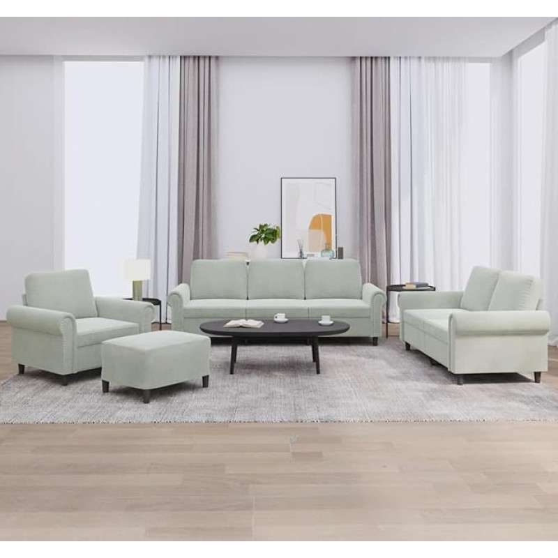 Homgoday Hellgraue Samt-Sofagarnitur mit 3 Sitzen & Fußhocker - Komfortabel & Stabil Model3202180