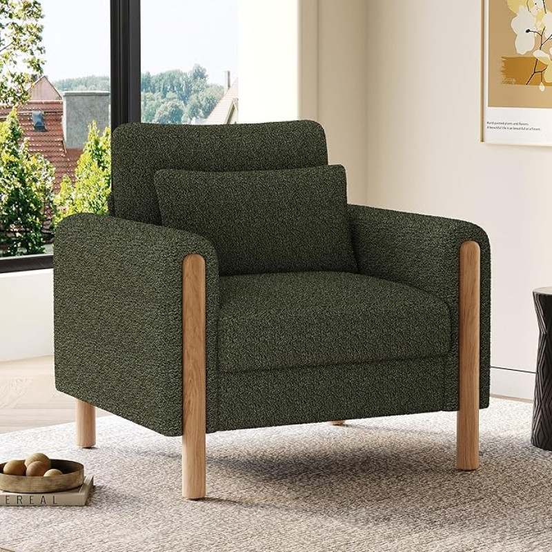 Paksu pehmendusega kaasaegne käetoega tool, mugav üksiktooli pehme polstriga, lõõgastav tool elutuppa, kontorisse või magamistuppa, mugav tugitool (roheline)