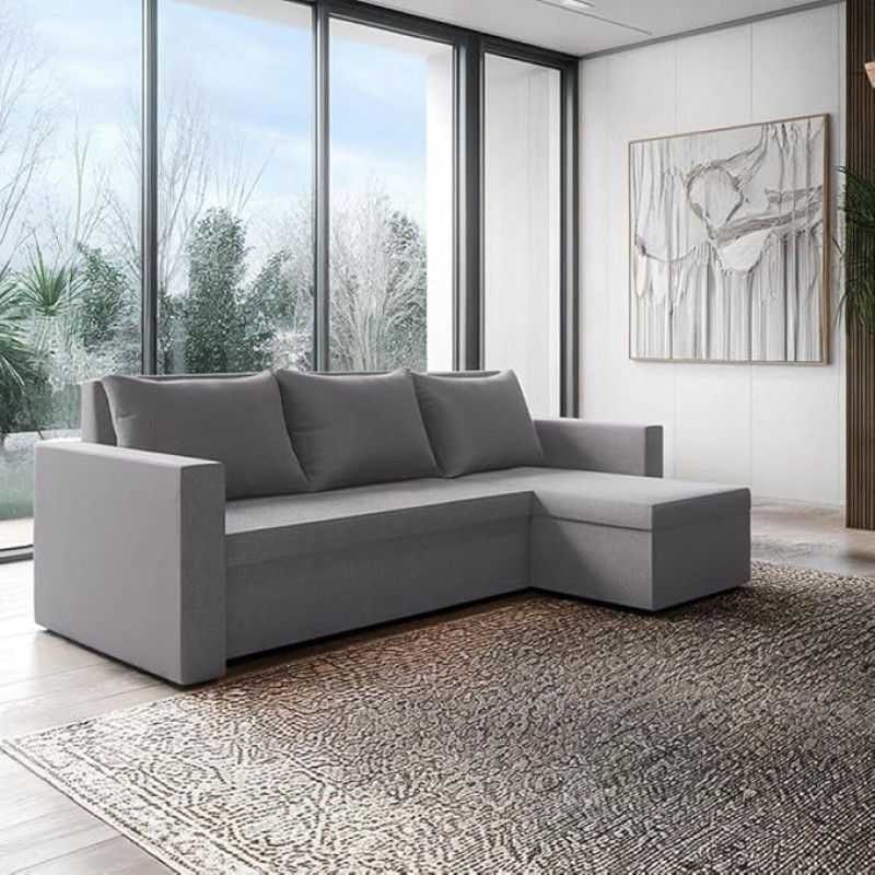 Loft Ecksofa mit Schlaffunktion und Bettkasten Stoff Basic- Diivan L-Form 225x130x75 cm - Grau, Weicher Pluszbezug, Universell Aufbau Links/Rechts