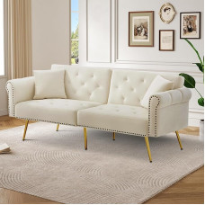 Kaasaegne 2-kohaline diivanvoodi - Sametkate, 3-tasandilise reguleeritavaga seljatugi ja kullatud metallist jalad Stiilne diivan magamisfunktsiooniga - Raske ruumi kokkuhoid (beež)