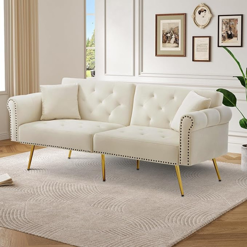 Kaasaegne 2-kohaline diivanvoodi - Sametkate, 3-tasandilise reguleeritavaga seljatugi ja kullatud metallist jalad Stiilne diivan magamisfunktsiooniga - Raske ruumi kokkuhoid (beež)