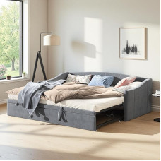 Diivanvoodi 90/180 x 200 cm, päevavoodi pikendatav magamisfunktsiooniga, kahekordne diivanvoodi lamelliraamiga, kahekohaline väljatõmmatav voodi elutuppa, magamistuppa, multifunktsionaalne diivan, samet, hall (Hall)