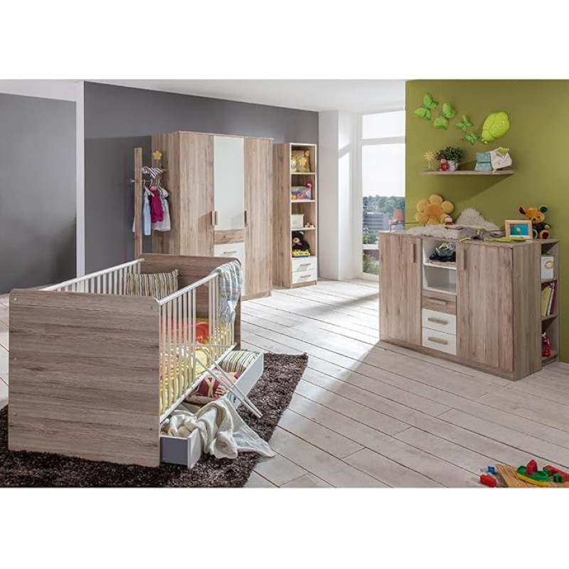 Lomadox Baby Room Set 10 Pieces in Oak with White Including Changing Unit, Base Cabinet Shelves, Wall Shelves, Standing Shelves, Wardrobe, Clothes Rail, Cot, Bed Drawer, Bed Sides