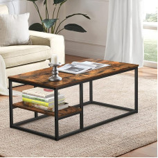 VOWNER kohvilaud, elutoa laud, kohvilaud terasraami ja riiulitega, tööstusdisain, skandinaavia stiilis, lihtne kokkupanek, puidust diivanilaud, küljelaud, vintage pruun