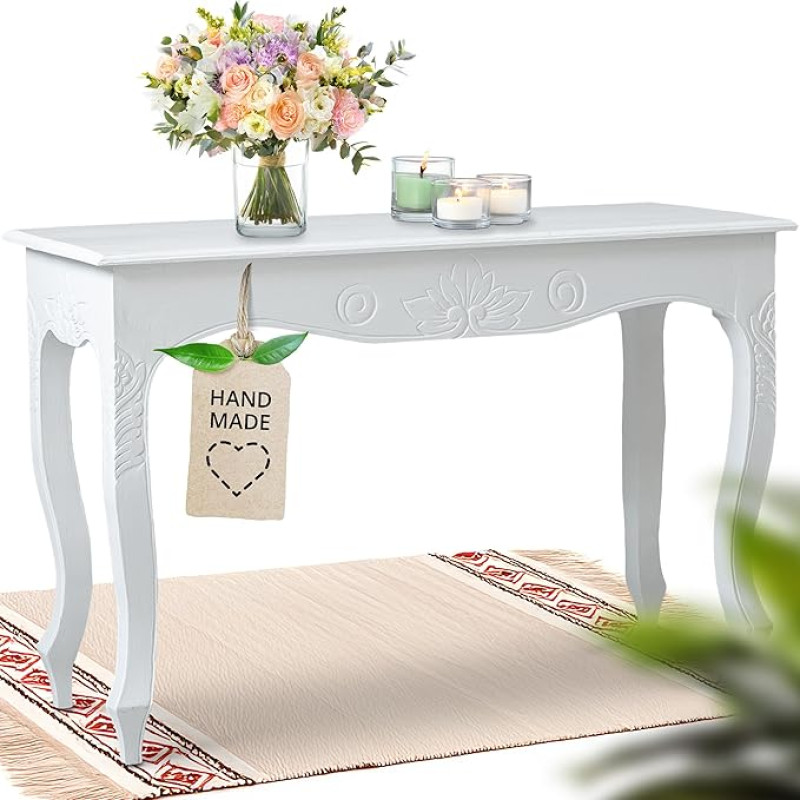 livasia Täispuidust kohvilaud - 85 x 35 x 50 cm - Käsitsi nikerdatud puidust küljelaud Balilt, jätkusuutlik ja ainulaadne, seab kodu esiletõstmise ja kiirgab rahu ja soojust (valge)