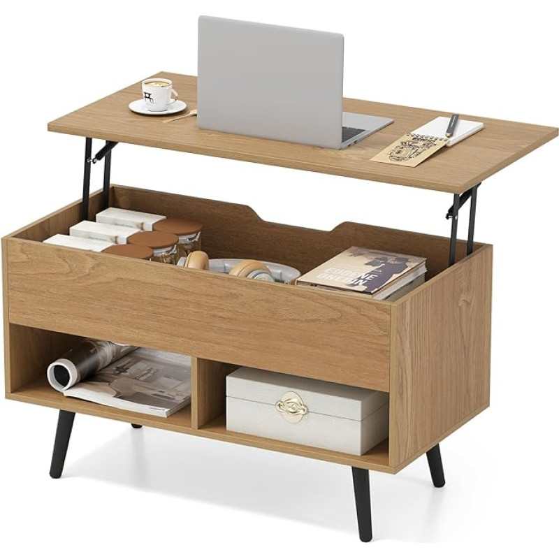 LIFEZEAL Couchtisch, Wohnzimmertisch mit Stauraum & Fach, Sofatisch Kaffeetisch ausziehbar mit Beinen aus Kiefer, 80 x 40 x 44,5-58 cm (Natur)