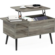 Furinno Jensen elutoa kohvilaud tõstetava puidust jalapealsega, varjatud kambriga ja avatud riiuliga küljel, prantsuse tammepuust hall