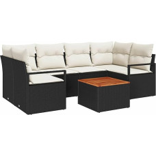 Rantry 7-teiliges Garten Sofa Set mit Kissen, Schwarz, Poly-Rattan, Akazie, 2-Sitzer Garten Sofa mit Stauraum & Kissen, Schwarz, Poly-Rattan Gartenlounge Model3356325