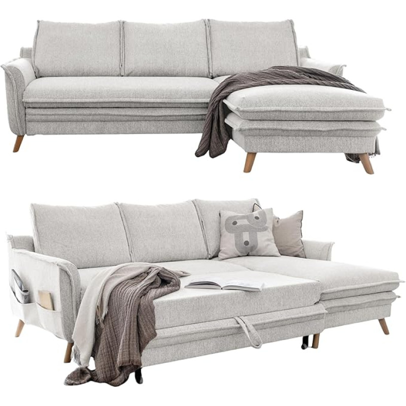 MIUFORM Charming Charlie S koos voodikastiga, piiratud polsterdusega kangas, 4-kohaline nurgadiivan, L-kujuline paremal, 228 x 150 x 90 cm diivan, kokkupandav diivan magamisfunktsiooniga, kokkupandav diivanvoodi (beež)