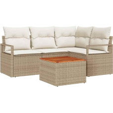 Rantry 5-teiliges Garten Sofa Set mit Kissen Beige Poly Rattan Akazie, 2-Sitzer Garten Sofa mit Kissen Beige Poly Rattan Gartenlounge Model3347701