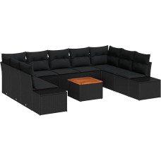 Rantry 10-Teiliges Garten Sofa Set mit Kissen Schwarz Poly Rattan Akazie Gartenlounge Model3356672