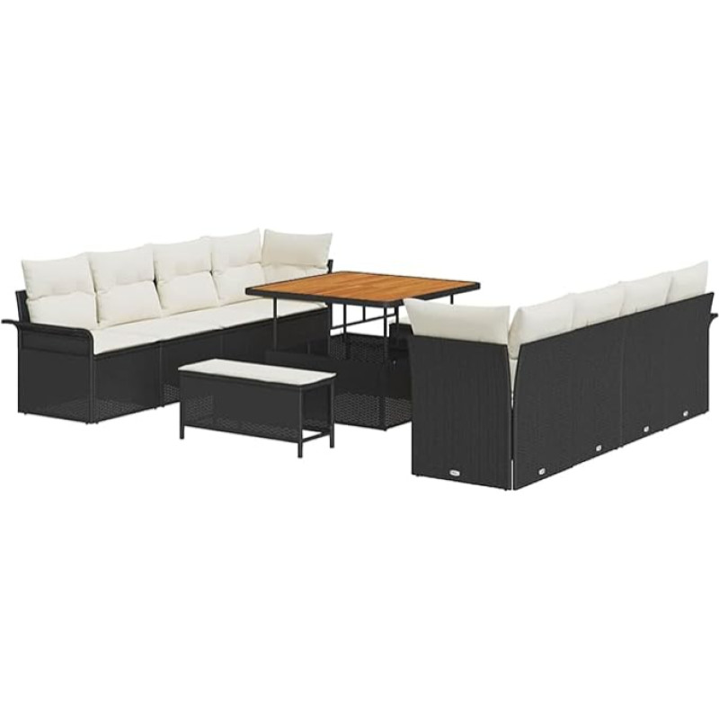 Rantry 11-teiliges Garten Sofa Set mit Kissen Schwarz Poly Rattan Akazie Gartenlounge Model3362115