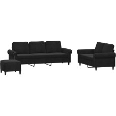 Samtsofa Set 2+3 Sitze Schwarz - Bequeme Wohnzimmergarnitur mit Fußhocker Model3202265