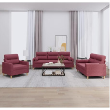 Weinrotes 3-teiliges Stoffsofagarnitur Set mit 2 Sesseln - Komfortable Polstermöbel Model3201558