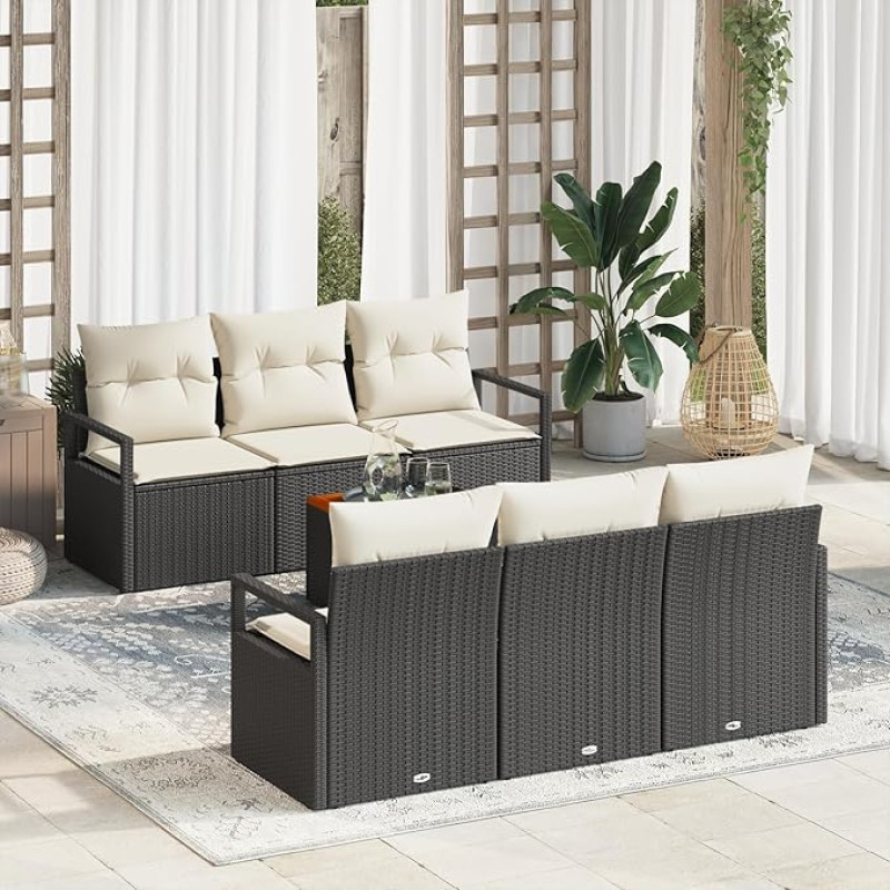 7-teiliges Garten Sofa Set mit Kissen Schwarz Poly Rattan Akazie 7-teiliges Garten Sofa Set mit Kissen Schwarz Poly Rattan Akazie
