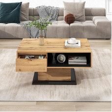 Kohvilaud puidust diivanilaud käepidemevaba sahtliga, puitlaastplaadist valmistatud kohvilaud, kahepoolne hoiuruum kontorisse, elutuppa, suur hoiuruum, musta ja puidu värvi