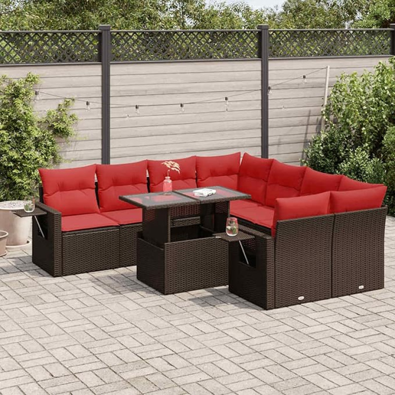 Rantry 9-TLG. Garten-Sofagarnitur mit Kissen Grau Poly Rattan Akazie Gartenlounge Model3326455