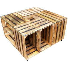 Erinevatest põletatud kingakastidest valmistatud kohvilaud - Flambeeritud kastilaud riiulitega - riiulitega kastid *** Ilma klaasist lauaplaadita *** 81 x 81 x 44 cm